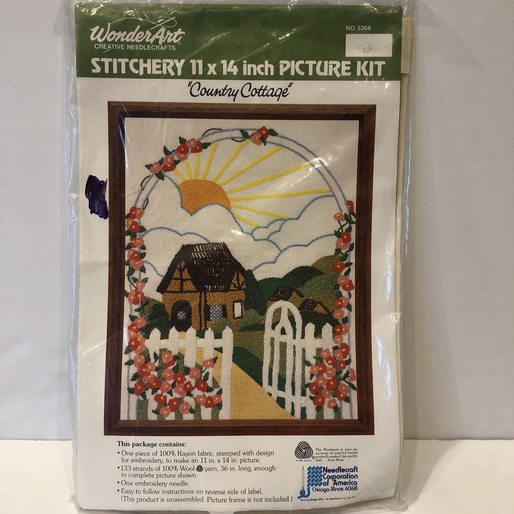 WonderArt Stitchery 11x14 Inch Picture Kit Country Cottage Wool Yarn Embroidery